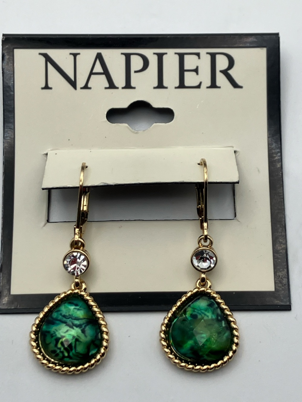Napier Gold-Tone Green Teardrop Dangle Earrings with Clear Crystal Accent